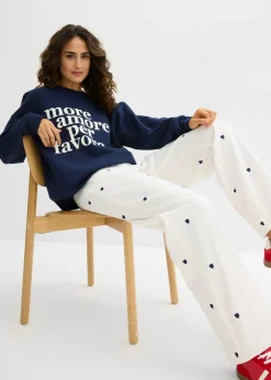 bonprix bonprix Pantalón de sarga con bordado Blanco lana/azul marino Sale