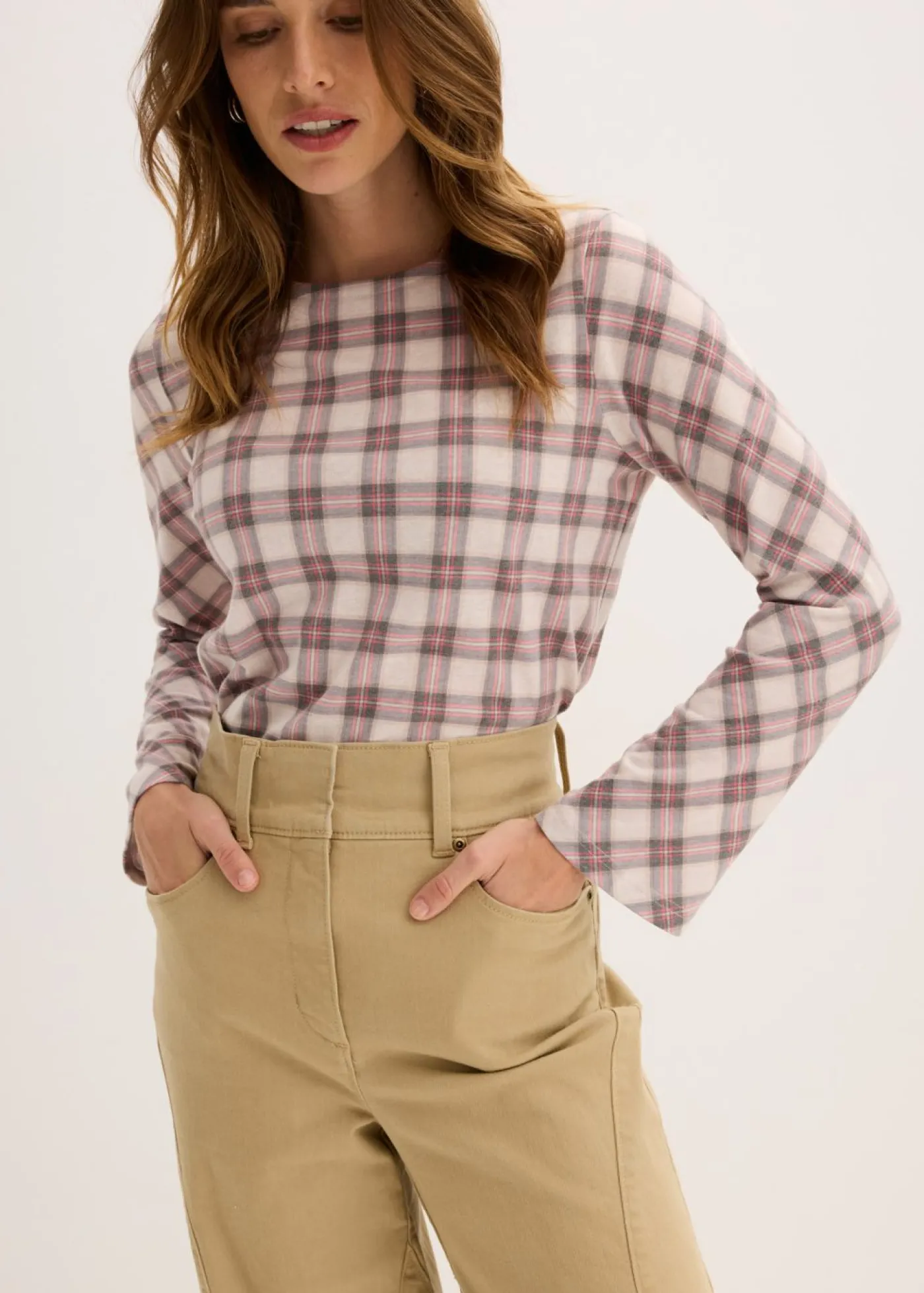 bonprix bonprix Pantalón de sarga con cintura alta Caqui claro Outlet