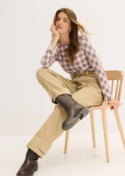 bonprix bonprix Pantalón de sarga con cintura alta Caqui claro Outlet