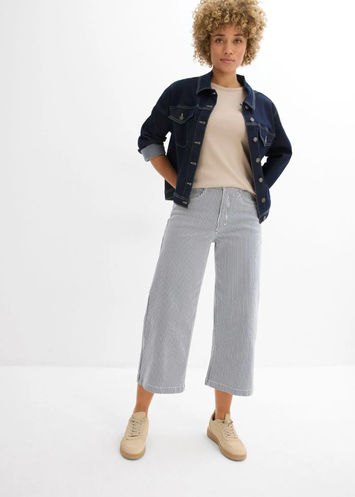 bonprix bonprix Pantalón de sarga con cintura cómoda Azul marino-blanco lana de rayas New