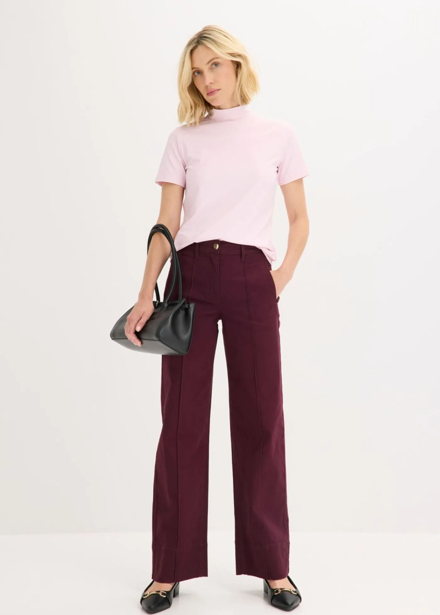 bonprix bonprix Pantalón de sarga con ribete y bolsillo rojo burdeos Hot