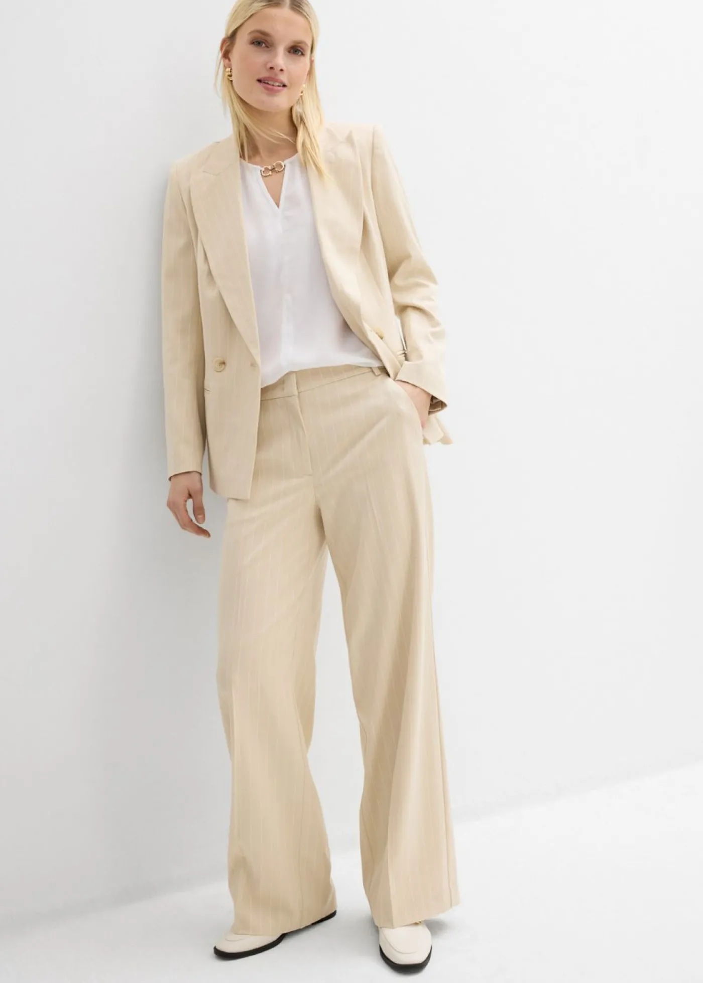 bonprix bonprix Pantalón de traje con rayas arena claro/blanco con rayas