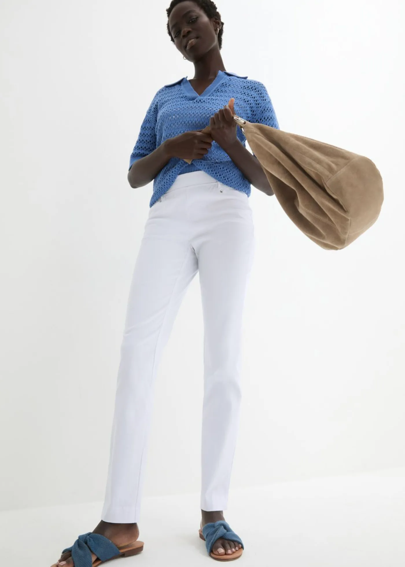 bonprix bonprix Pantalón elástico con cintura antideslizante Blanco Clearance