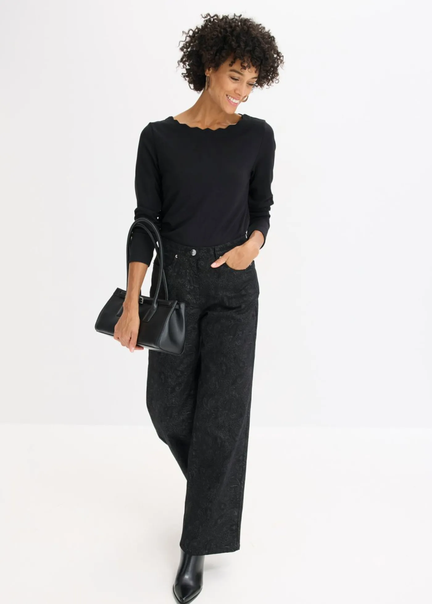 bonprix bonprix Pantalón elástico de algodón con pernera ancha Negro + gris ahumado