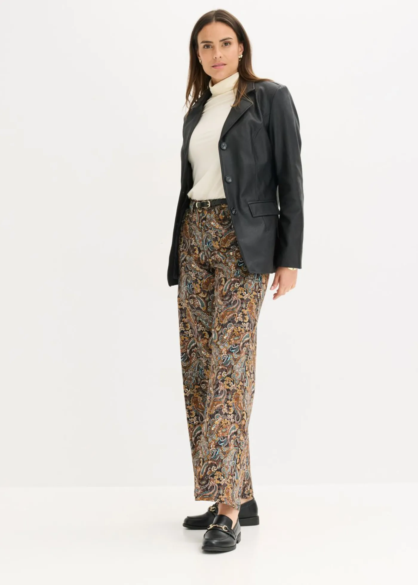 bonprix bonprix Pantalón elástico de algodón con perneras anchas Negro-beige Outlet