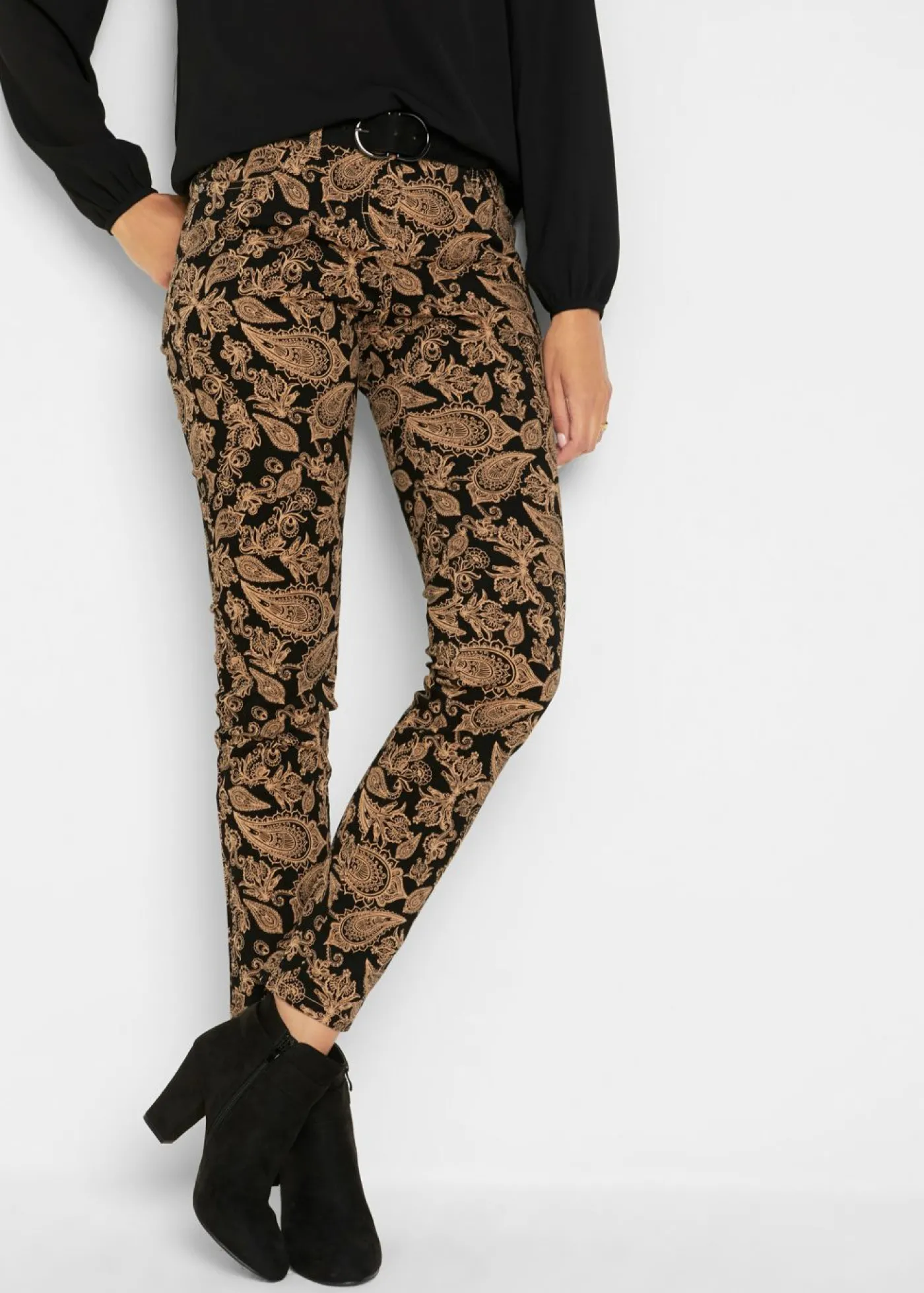 bonprix bonprix Pantalón elástico estampado Negro con patrón Paisley Online