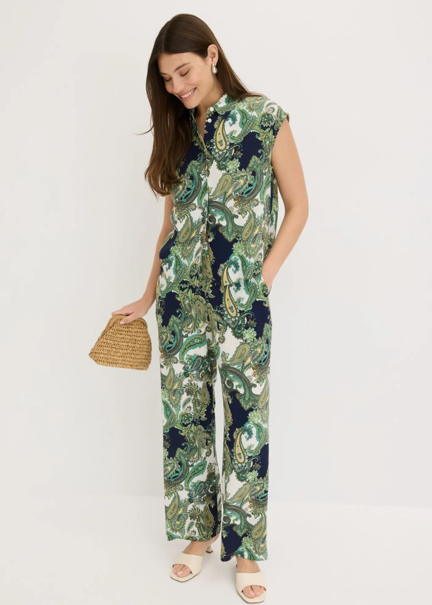 bonprix bonprix Pantalón estampado de viscosa fluida azul marino-blanco-verde claro Sale