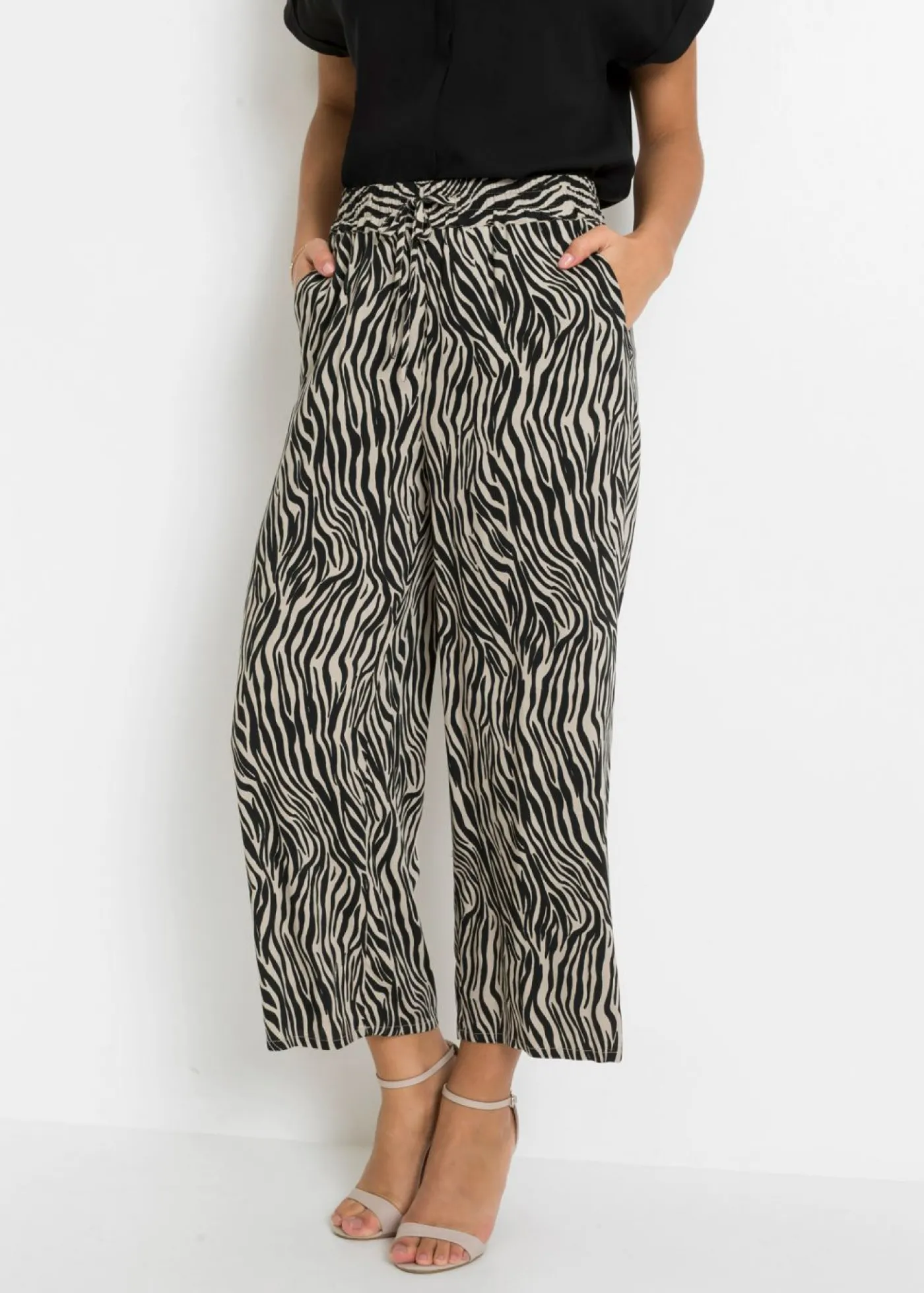 bonprix bonprix Pantalón estampado de viscosa fluida estampado cebra negro / arena Sale