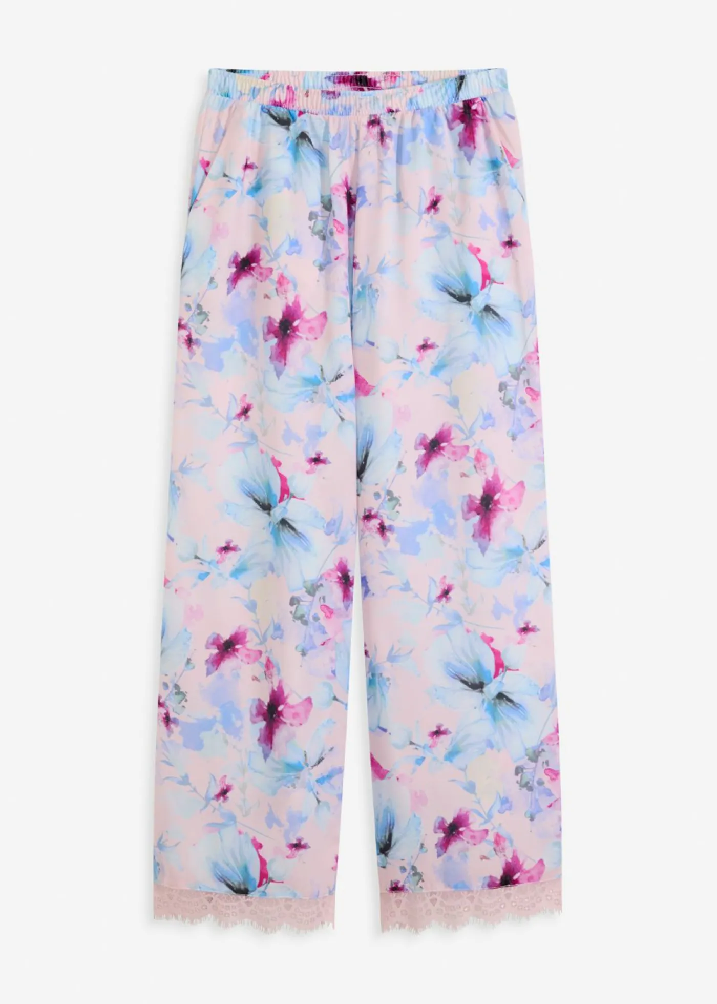 bonprix bonprix Pantalón largo de pijama de satén brillante rosa claro con flores New