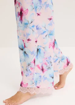 bonprix bonprix Pantalón largo de pijama de satén brillante rosa claro con flores New