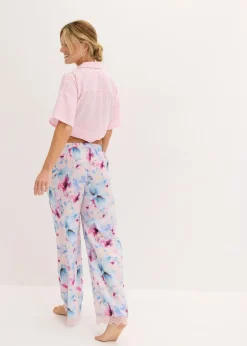 bonprix bonprix Pantalón largo de pijama de satén brillante rosa claro con flores New
