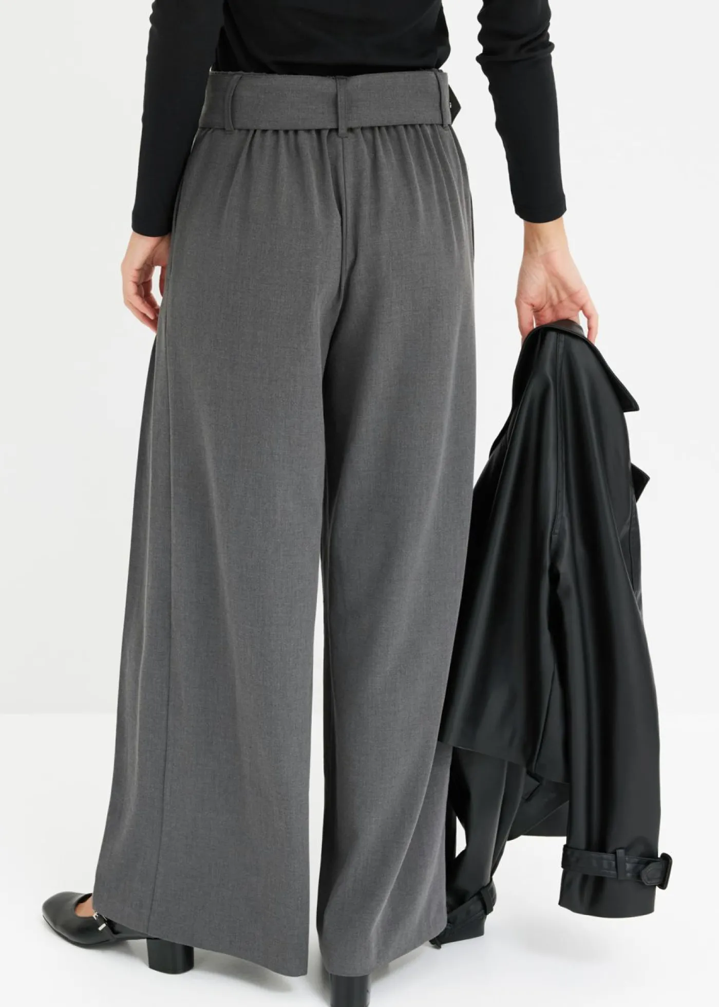 bonprix bonprix Pantalón Marlene ancho con mezcla de viscosa fluida Antracita jaspeado