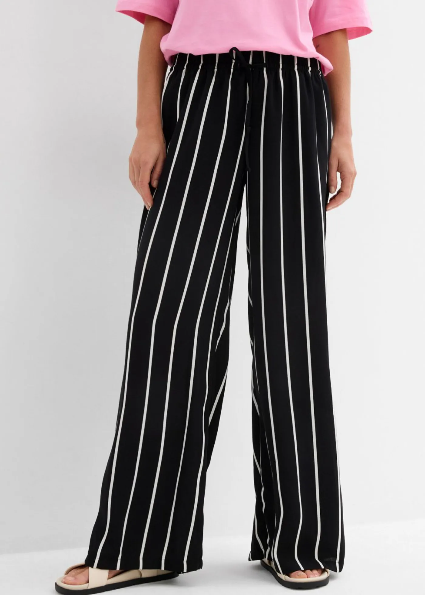 bonprix bonprix Pantalón Marlene con cintura elástica negro-blanco lana con rayas