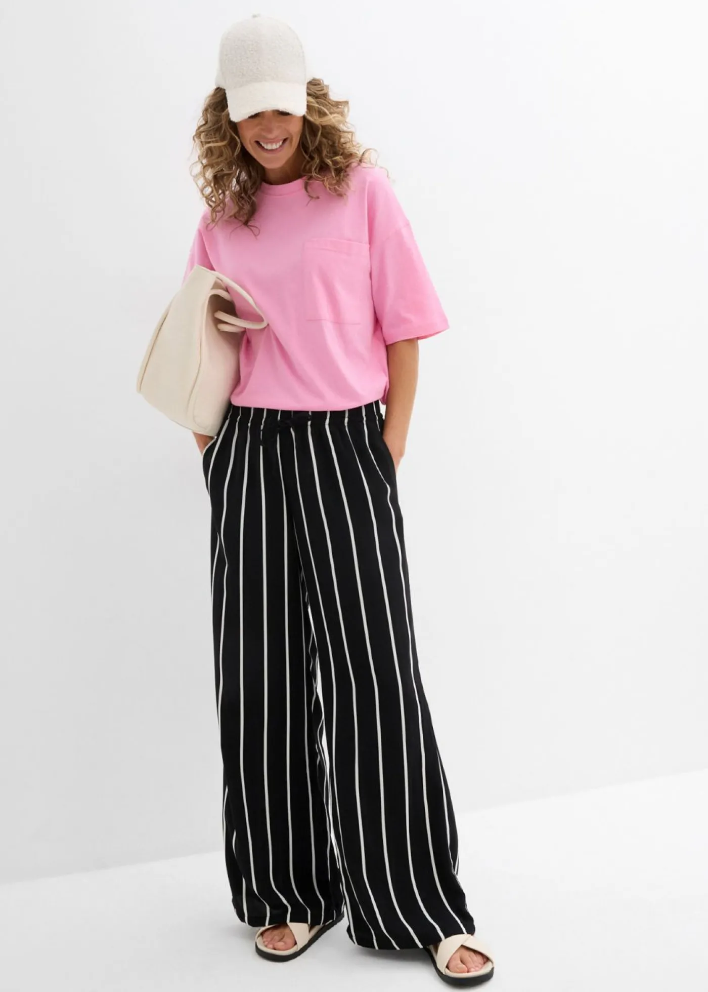 bonprix bonprix Pantalón Marlene con cintura elástica negro-blanco lana con rayas