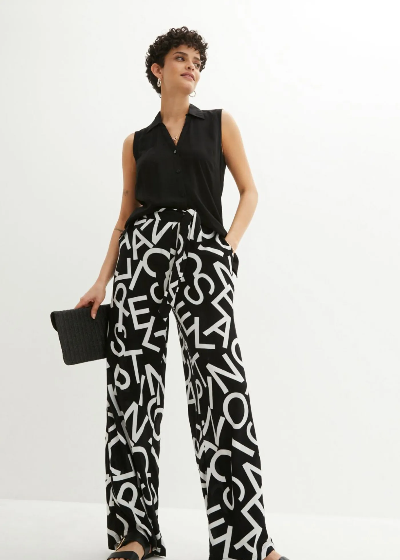 bonprix bonprix Pantalón Marlene con cinturón Negro-blanco Online