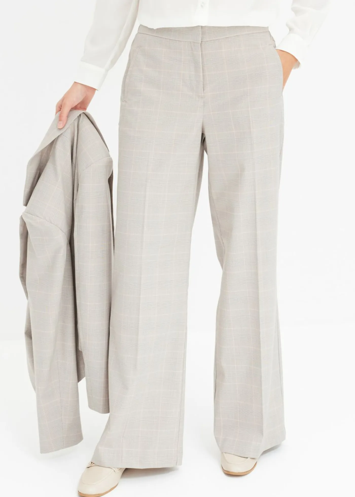 bonprix bonprix Pantalón Marlene con viscosa de cuadro galés Gris claro/rosa claro de cuadros Clearance