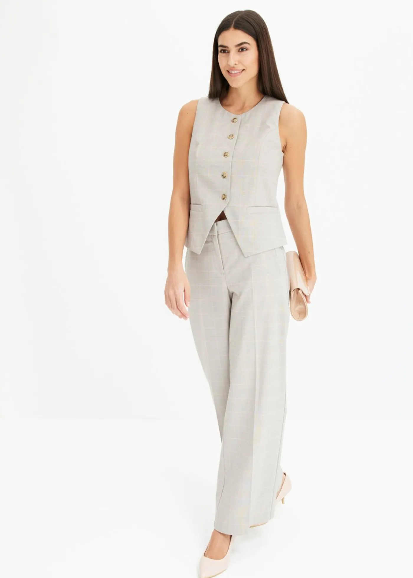bonprix bonprix Pantalón Marlene con viscosa de cuadro galés Gris claro/rosa claro de cuadros Clearance