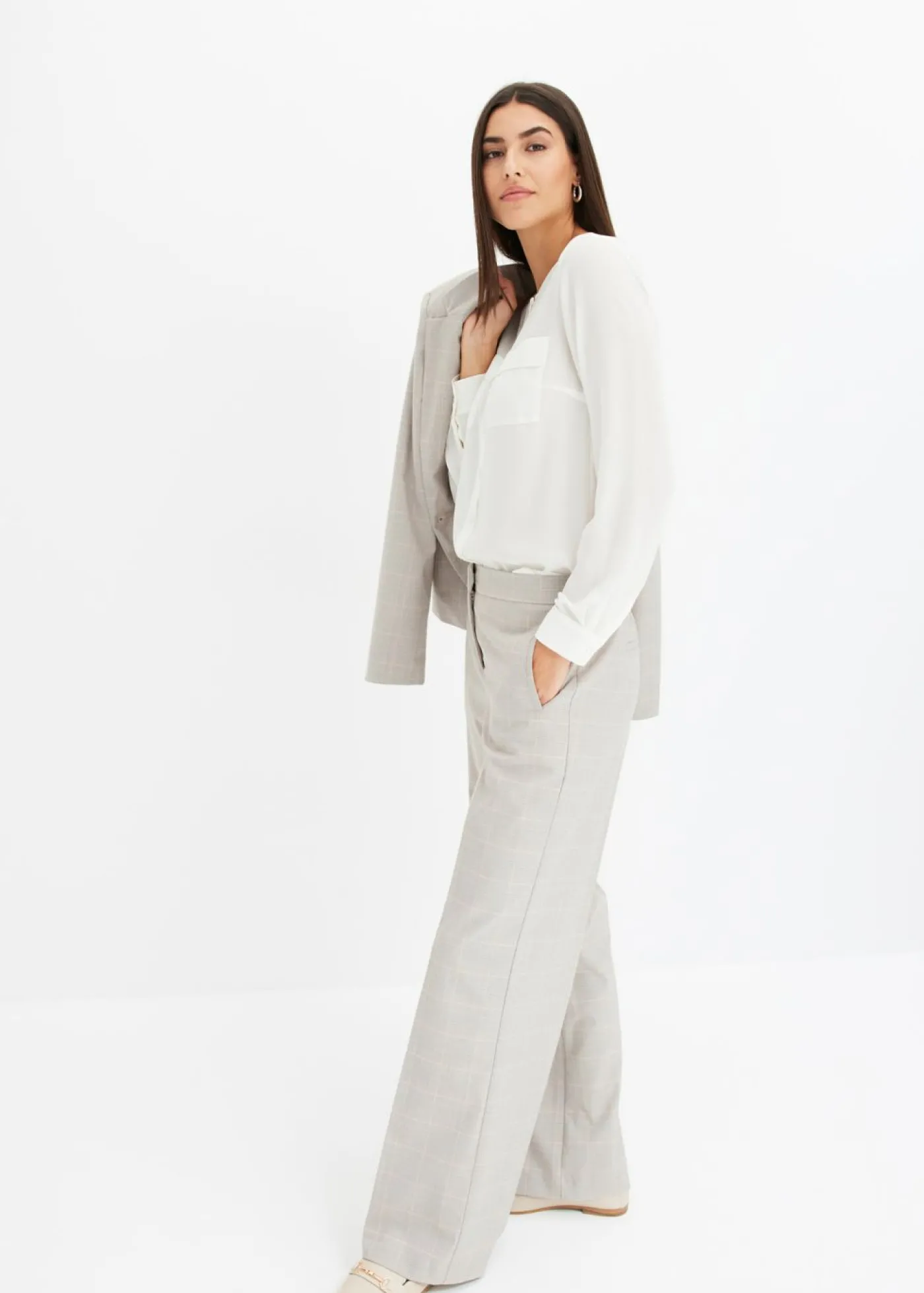 bonprix bonprix Pantalón Marlene con viscosa de cuadro galés Gris claro/rosa claro de cuadros Clearance