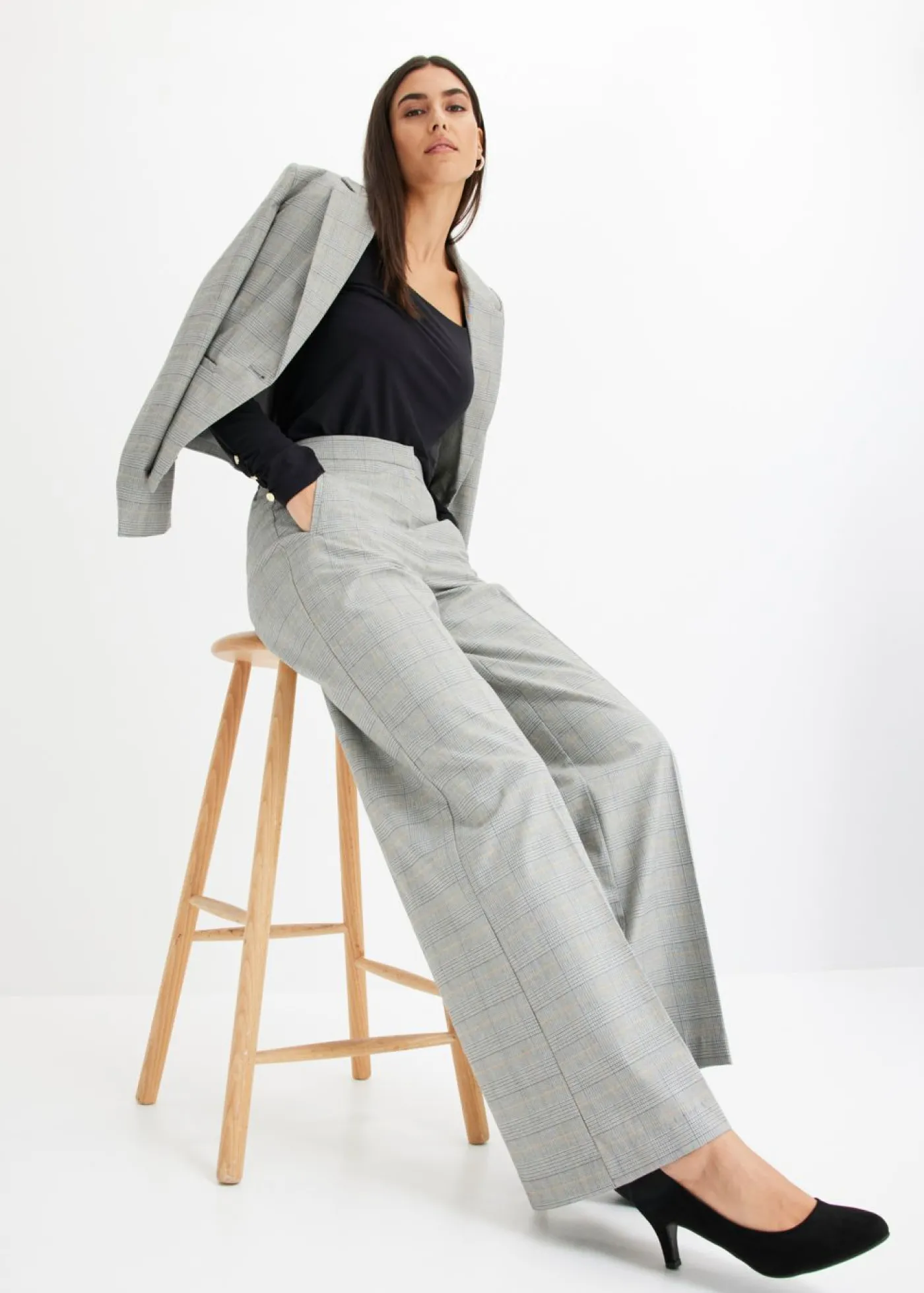bonprix bonprix Pantalón Marlene con viscosa de cuadro galés Negro-arena de cuadros Best