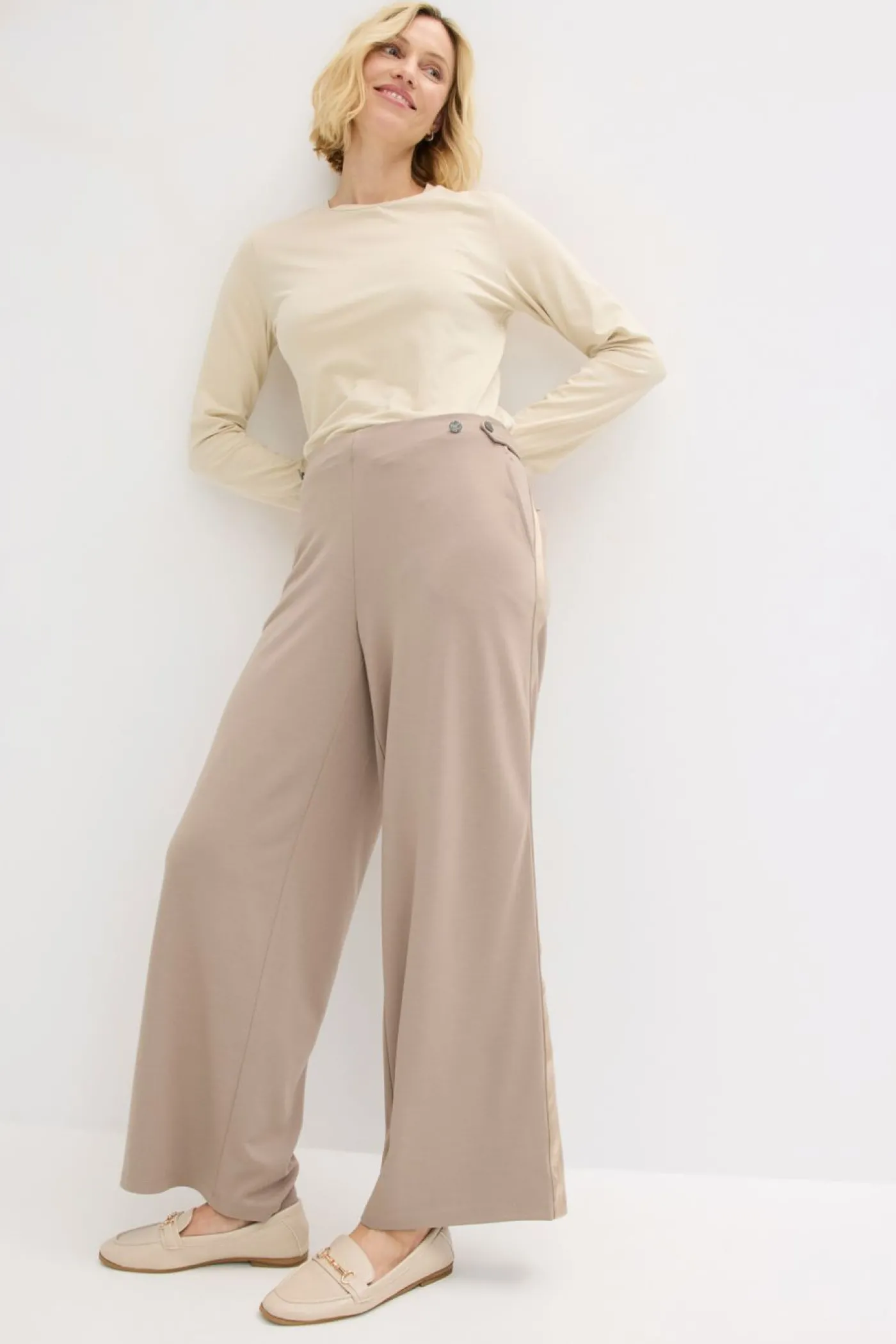 bonprix bonprix Pantalón Marlene de Punto di Roma con cinta de satén Marrón grisáceo Outlet