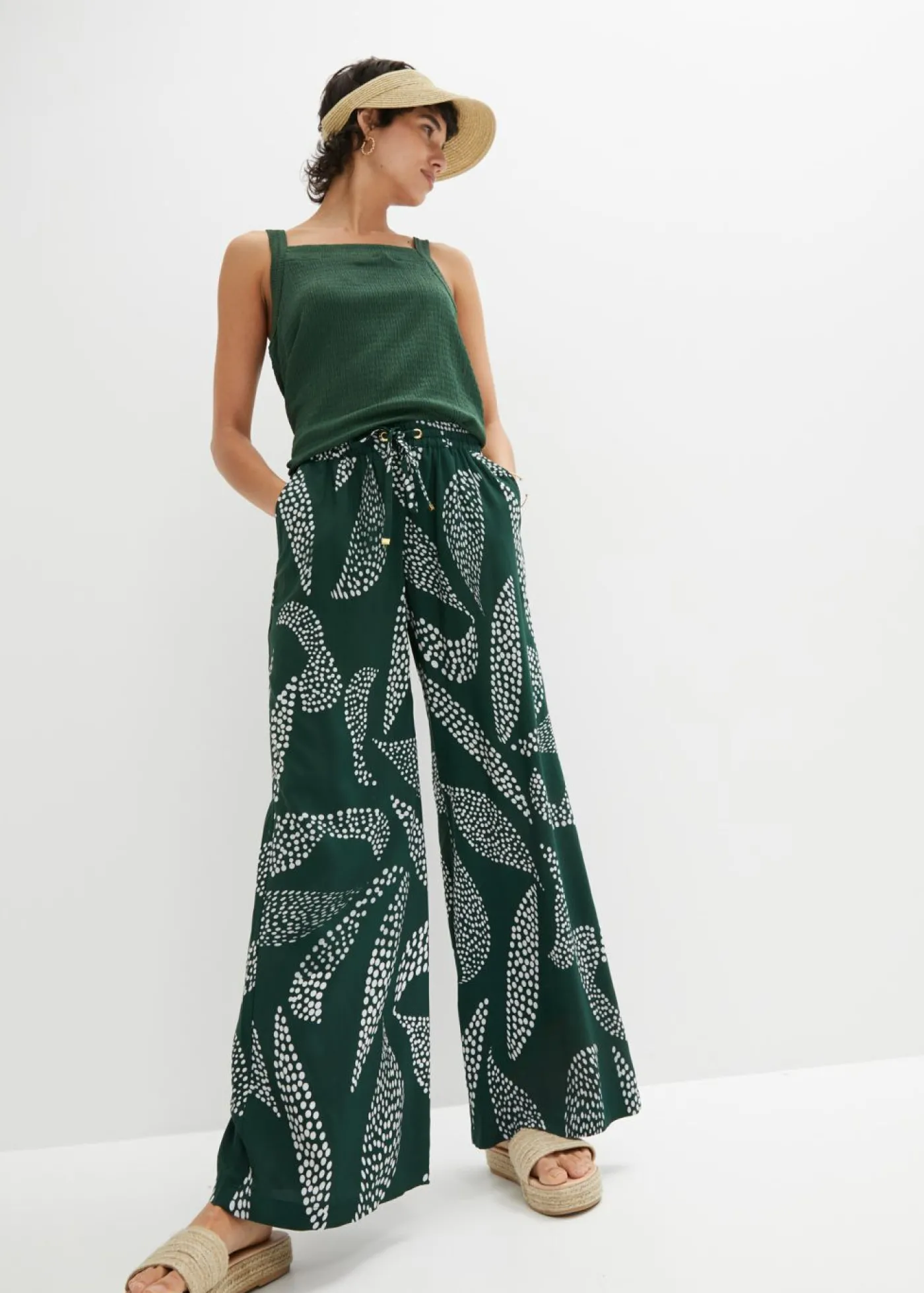 bonprix bonprix Pantalón Marlene de viscosa verde oscuro/naranja oscuro Online