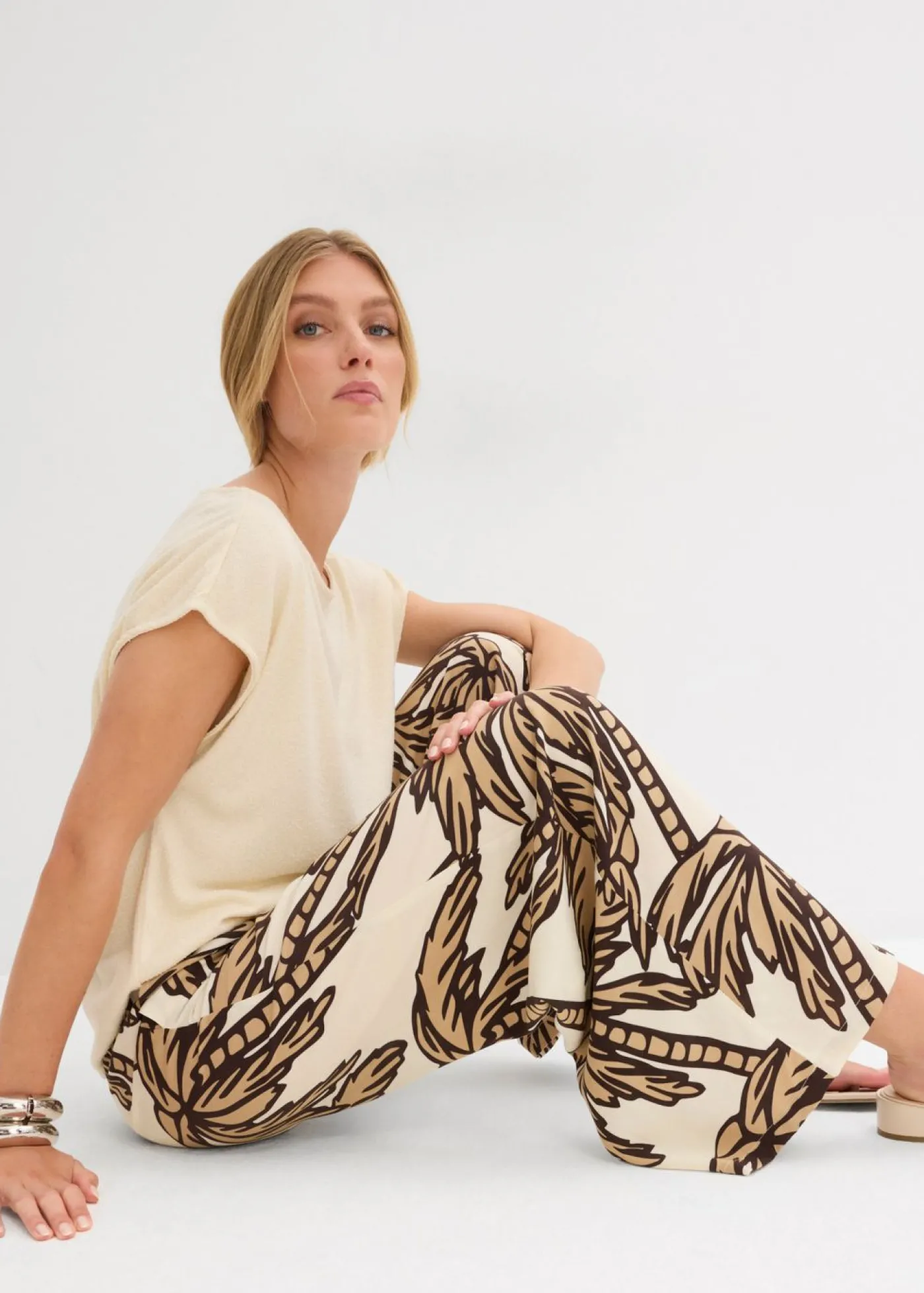 bonprix bonprix Pantalón Marlene de viscosa fluida crudo-marrón oscuro-beige nuevo New