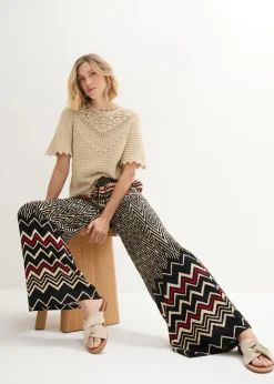 bonprix bonprix Pantalón Marlene de viscosa fluida Negro/arena con estampado gráfico Discount