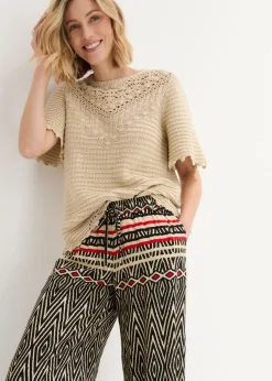 bonprix bonprix Pantalón Marlene de viscosa fluida Negro/arena con estampado gráfico Discount
