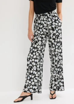 bonprix bonprix Pantalón palazzo de material estructurado Negro-blanco lana de flores Hot