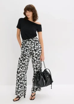 bonprix bonprix Pantalón palazzo de material estructurado Negro-blanco lana de flores Hot