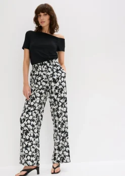 bonprix bonprix Pantalón palazzo de material estructurado Negro-blanco lana de flores Hot
