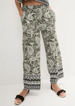 bonprix bonprix Pantalón palazzo de mezcla suave de viscosa Verde oliva oscuro con patrón paisley Best