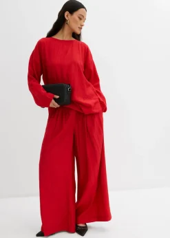 bonprix bonprix Pantalón palazzo de mezcla de viscosa arrugada con estructura Rojo salsa Clearance