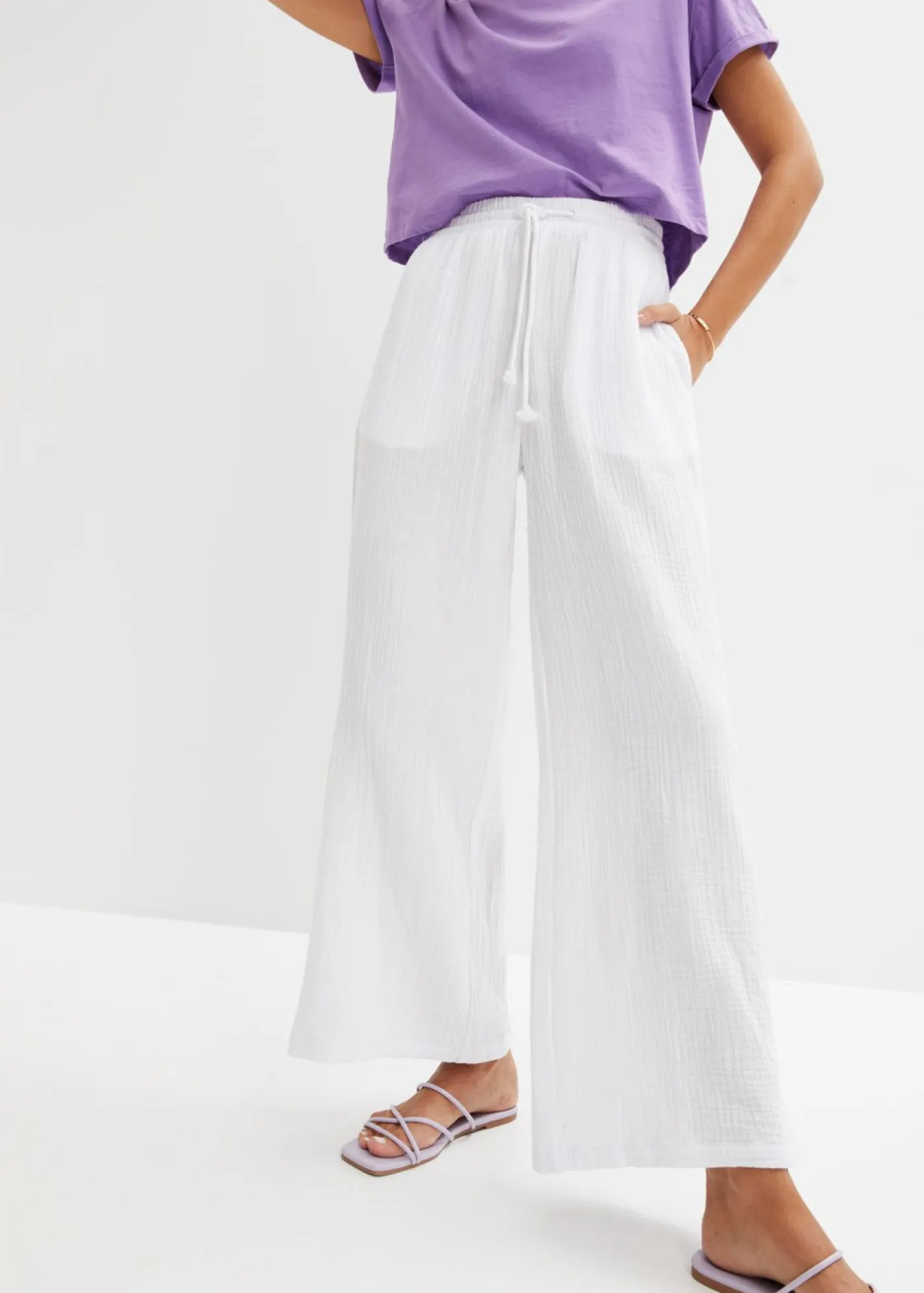 bonprix bonprix Pantalón palazzo de muselina Blanco Best