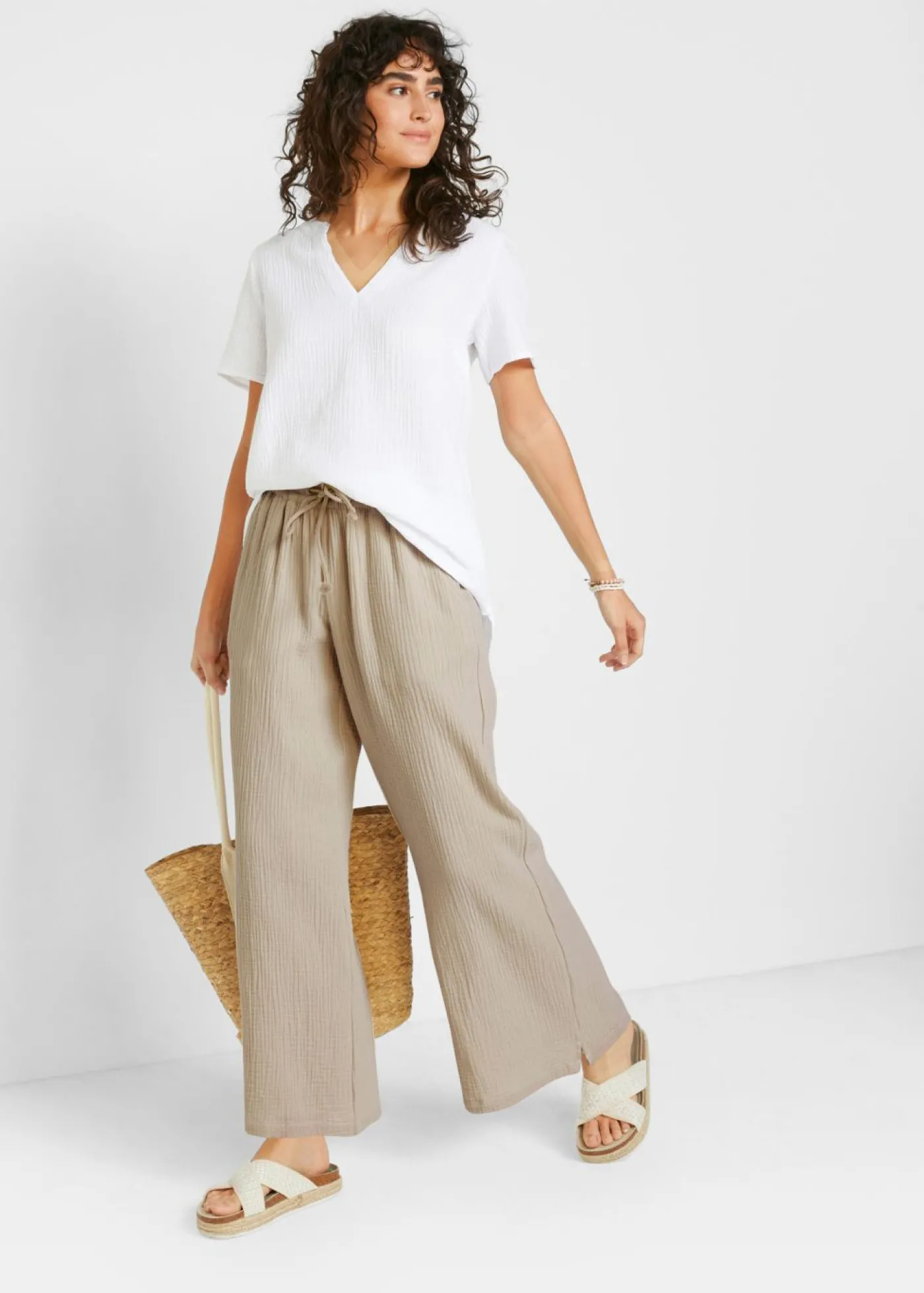 bonprix bonprix Pantalón palazzo de muselina gris piedra Clearance