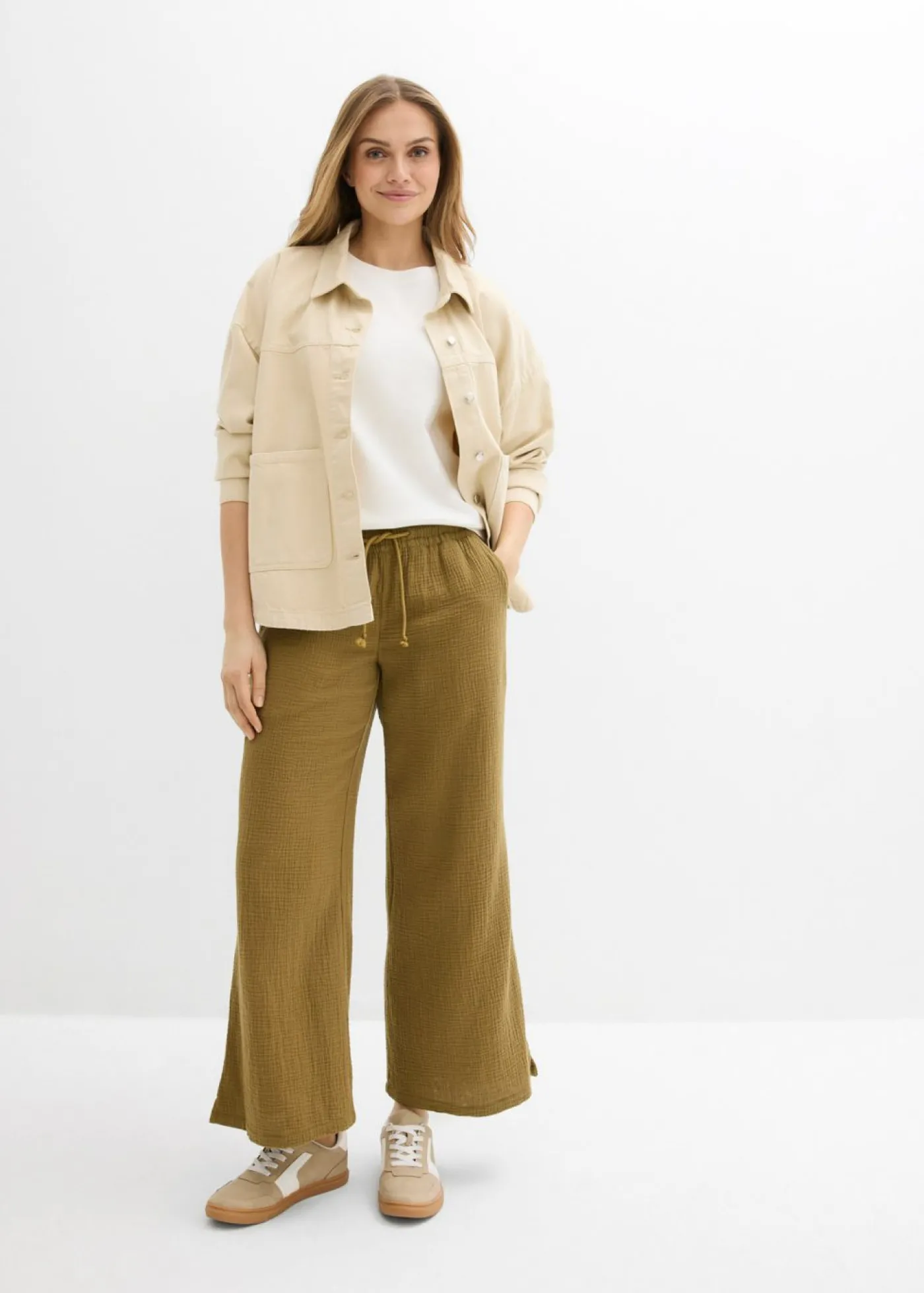 bonprix bonprix Pantalón palazzo de muselina Verde-natural Online