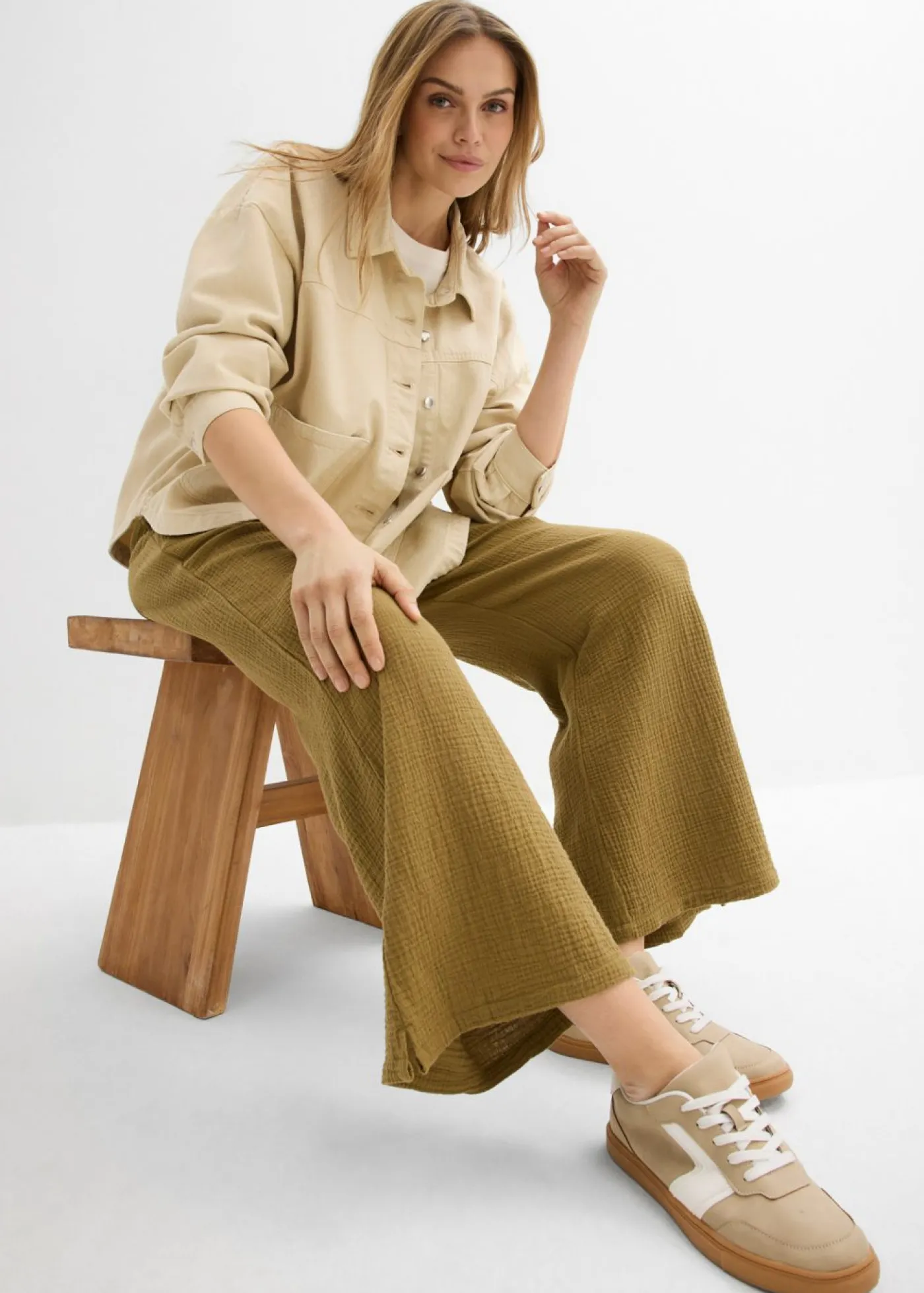 bonprix bonprix Pantalón palazzo de muselina Verde-natural Online