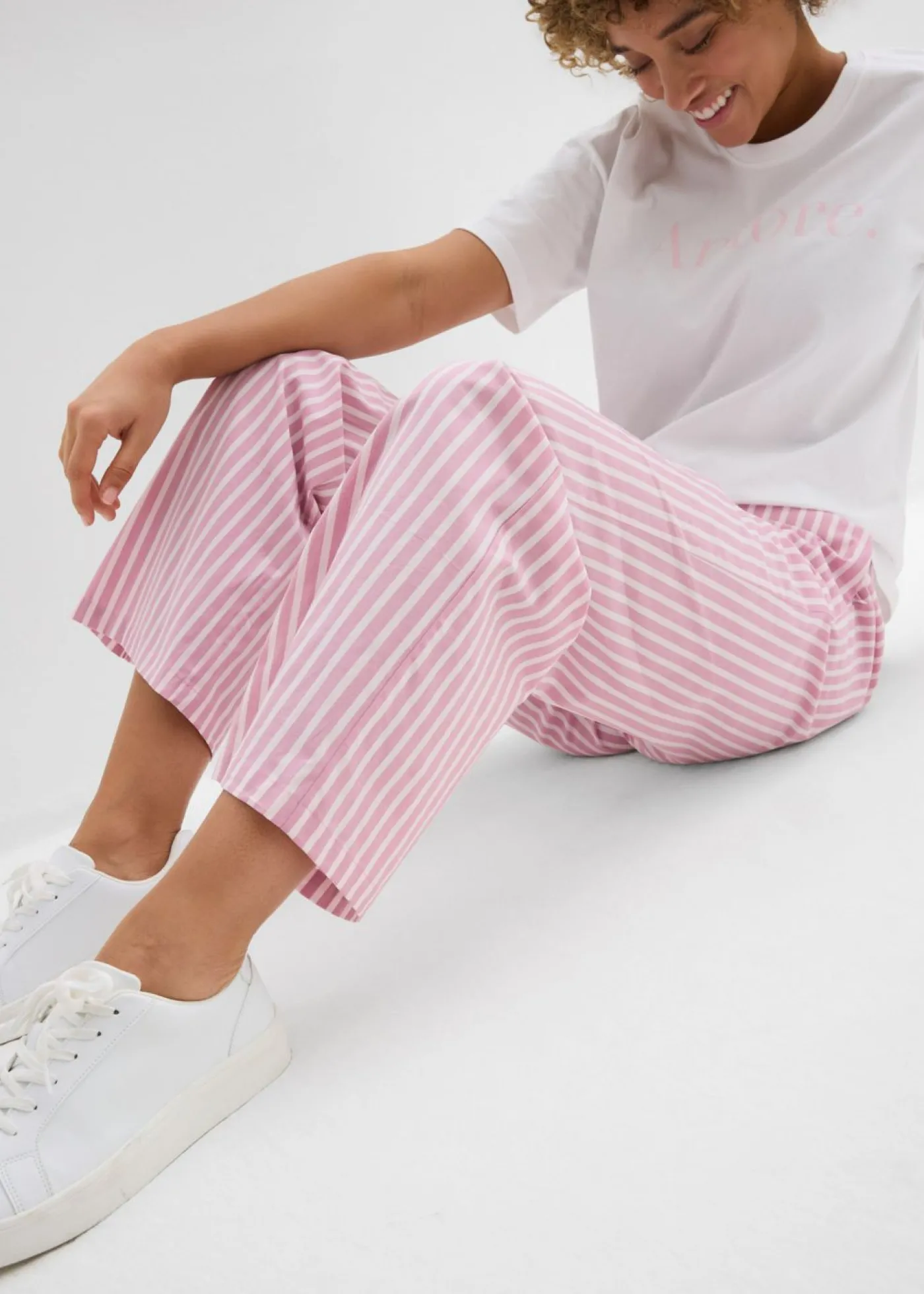 bonprix bonprix Pantalón palazzo de popelín de algodón rosa claro-malva rayas verticales Outlet