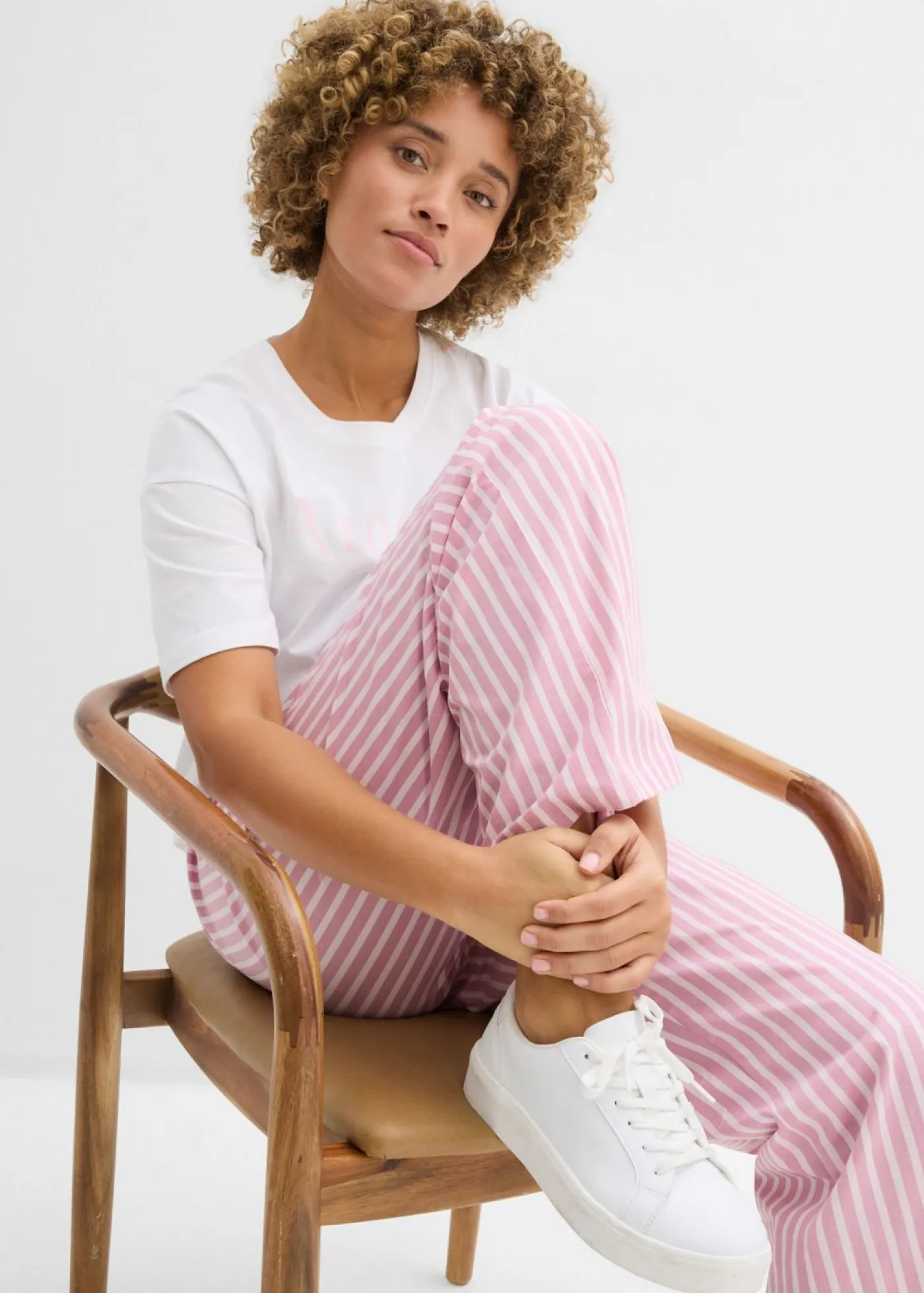 bonprix bonprix Pantalón palazzo de popelín de algodón rosa claro-malva rayas verticales Outlet