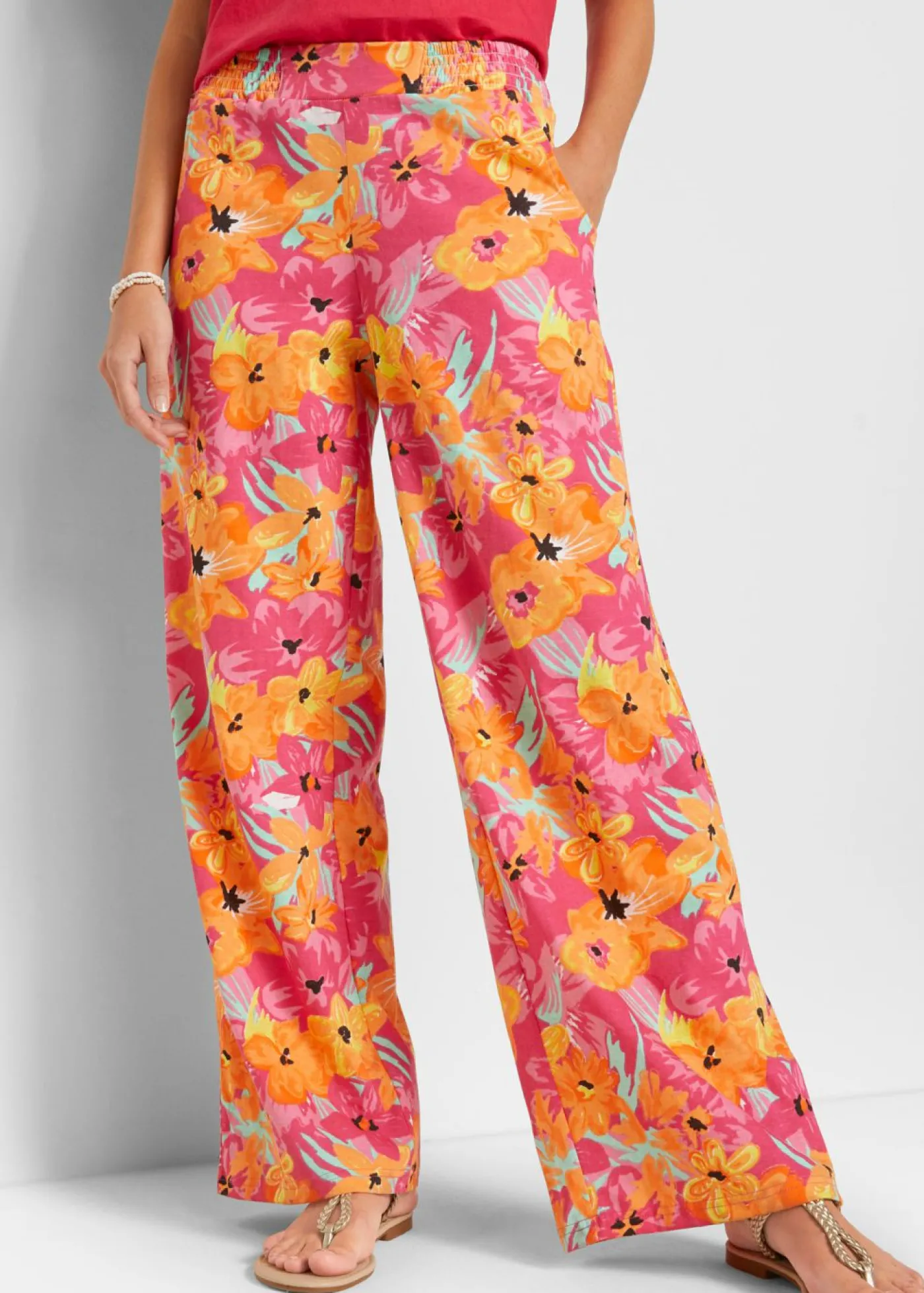 bonprix bonprix Pantalón Palazzo de punto de mezcla de viscosa Pink lady de flores Discount