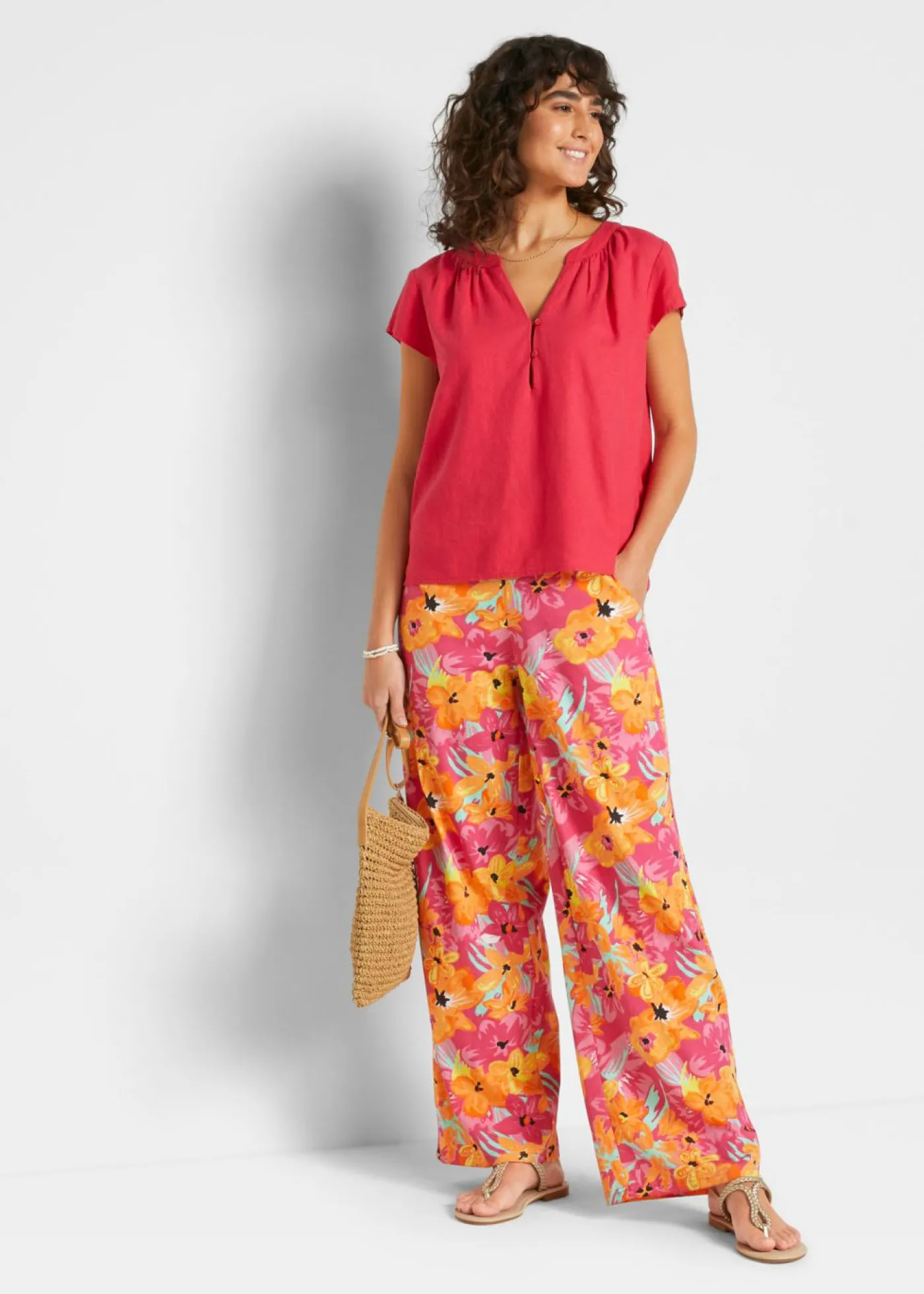 bonprix bonprix Pantalón Palazzo de punto de mezcla de viscosa Pink lady de flores Discount