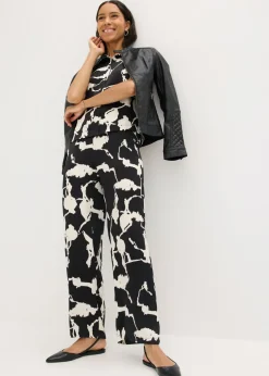 bonprix bonprix Pantalón palazzo de satén fluido Negro-blanco Outlet