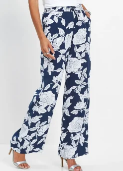 bonprix bonprix Pantalón Palazzo de viscosa fluida azul marino / blanco con flores Outlet