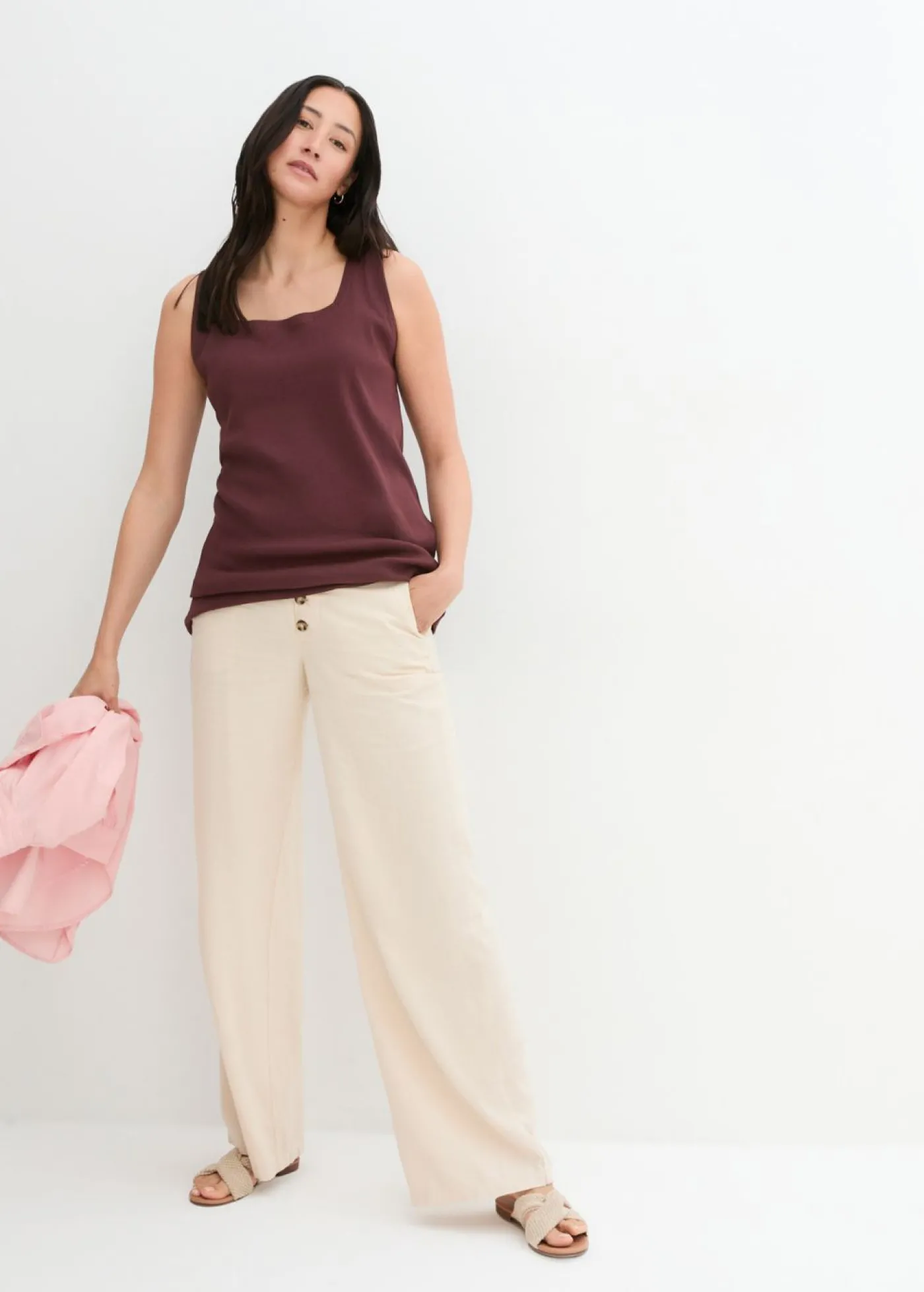 bonprix bonprix Pantalón palazzo largo con lino Beige-arena Outlet