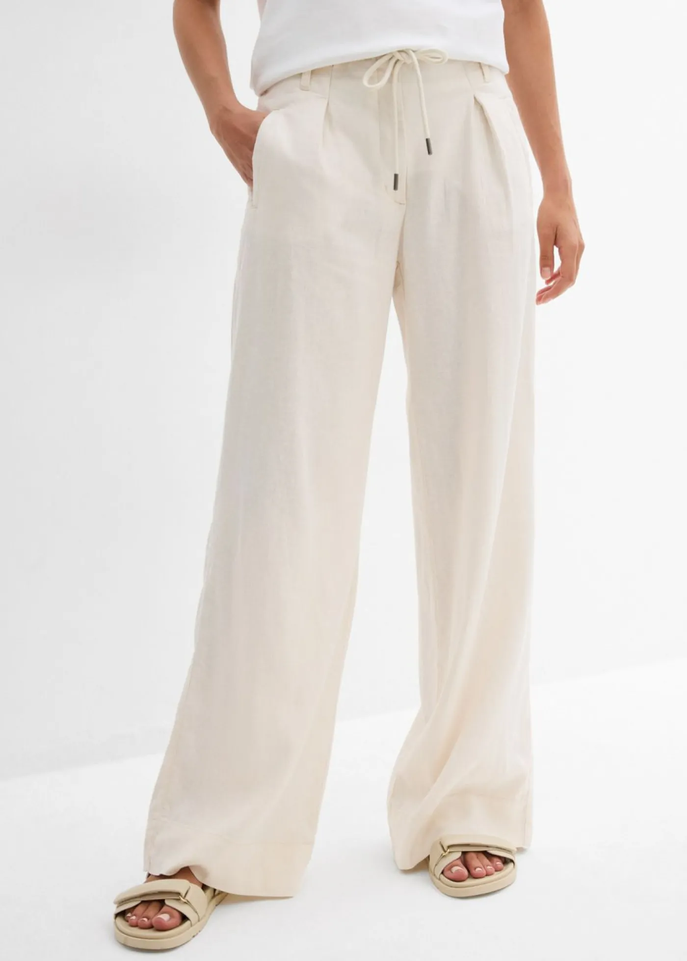 bonprix bonprix Pantalón paperbag de ligera mezcla de lino Beige natural