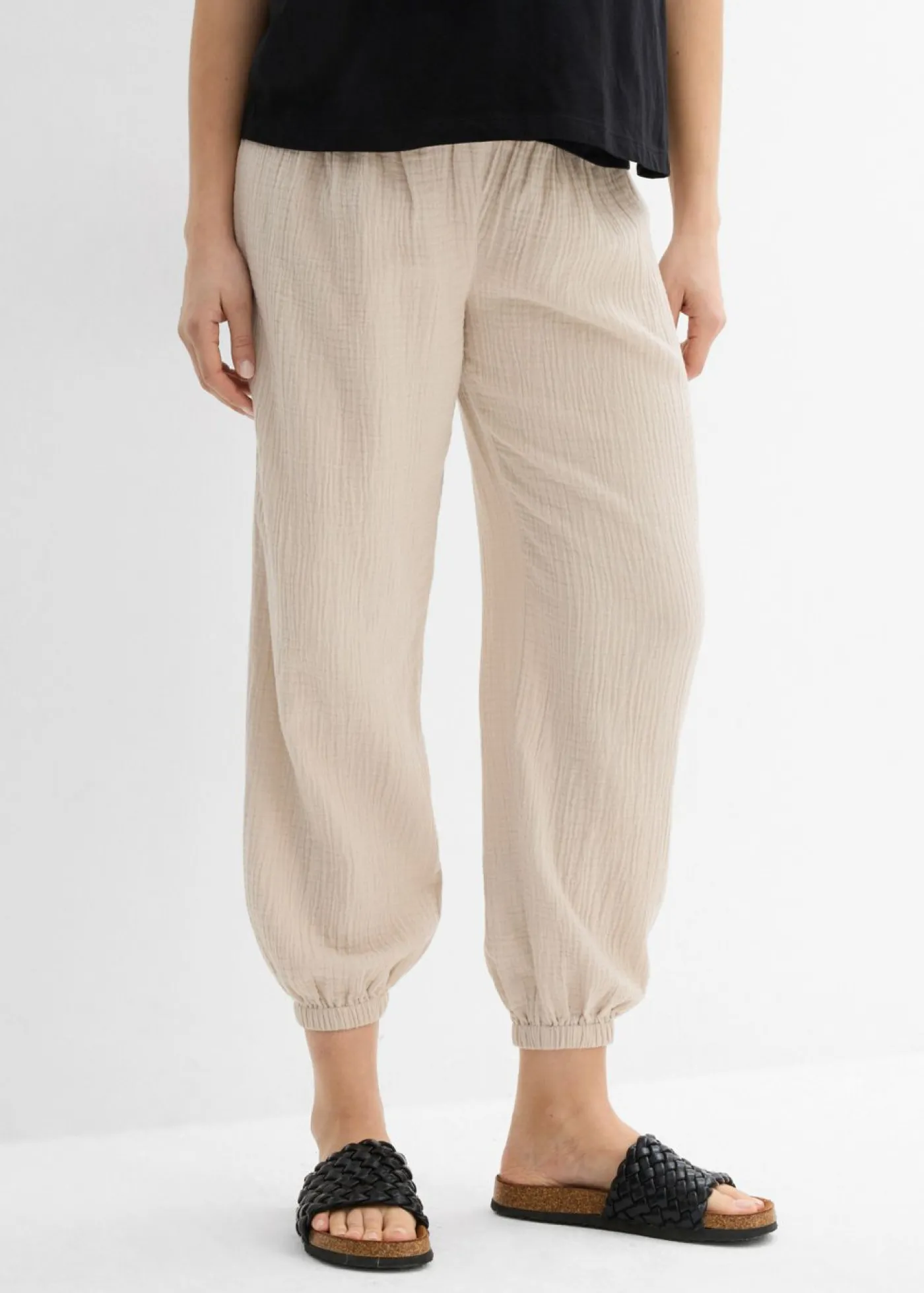 bonprix bonprix Pantalón premamá 2 en 1 de muselina pura de algodón para durante y después del embarazo gris piedra Hot