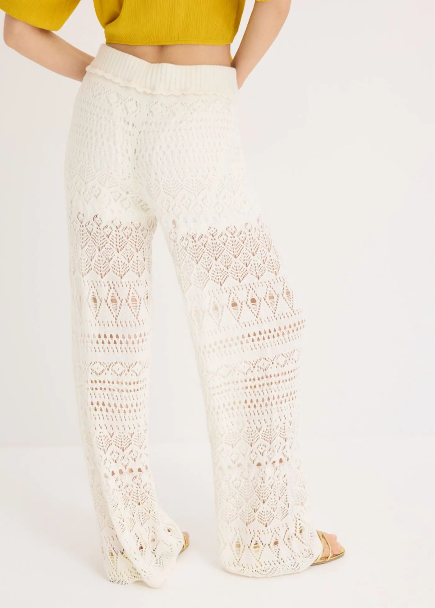 bonprix bonprix Pantalón sin cierre con patrón de punto calado Blanco lana Best
