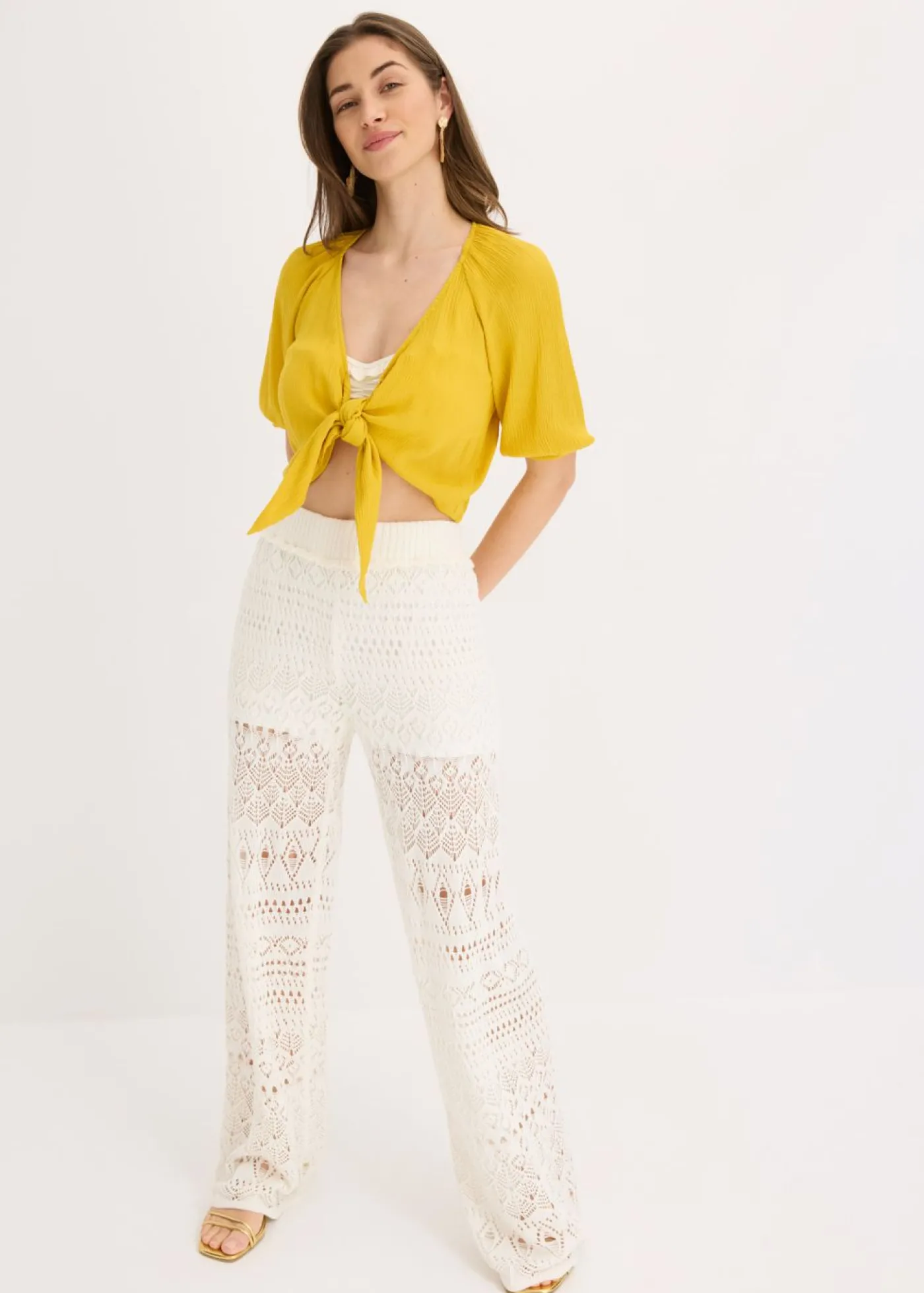 bonprix bonprix Pantalón sin cierre con patrón de punto calado Blanco lana Best
