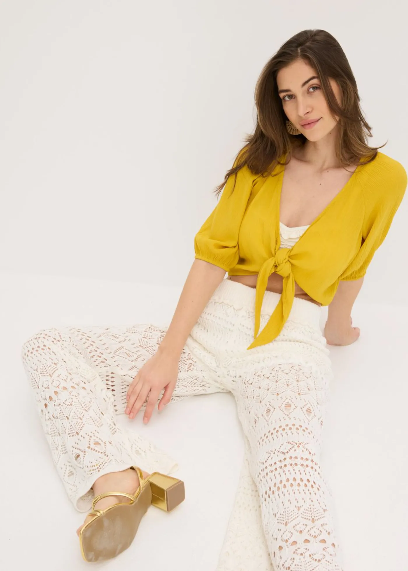 bonprix bonprix Pantalón sin cierre con patrón de punto calado Blanco lana Best
