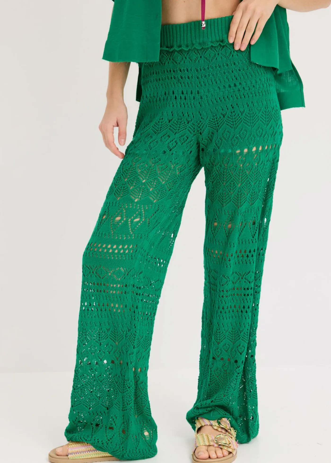 bonprix bonprix Pantalón sin cierre con patrón de punto calado verde gema Clearance